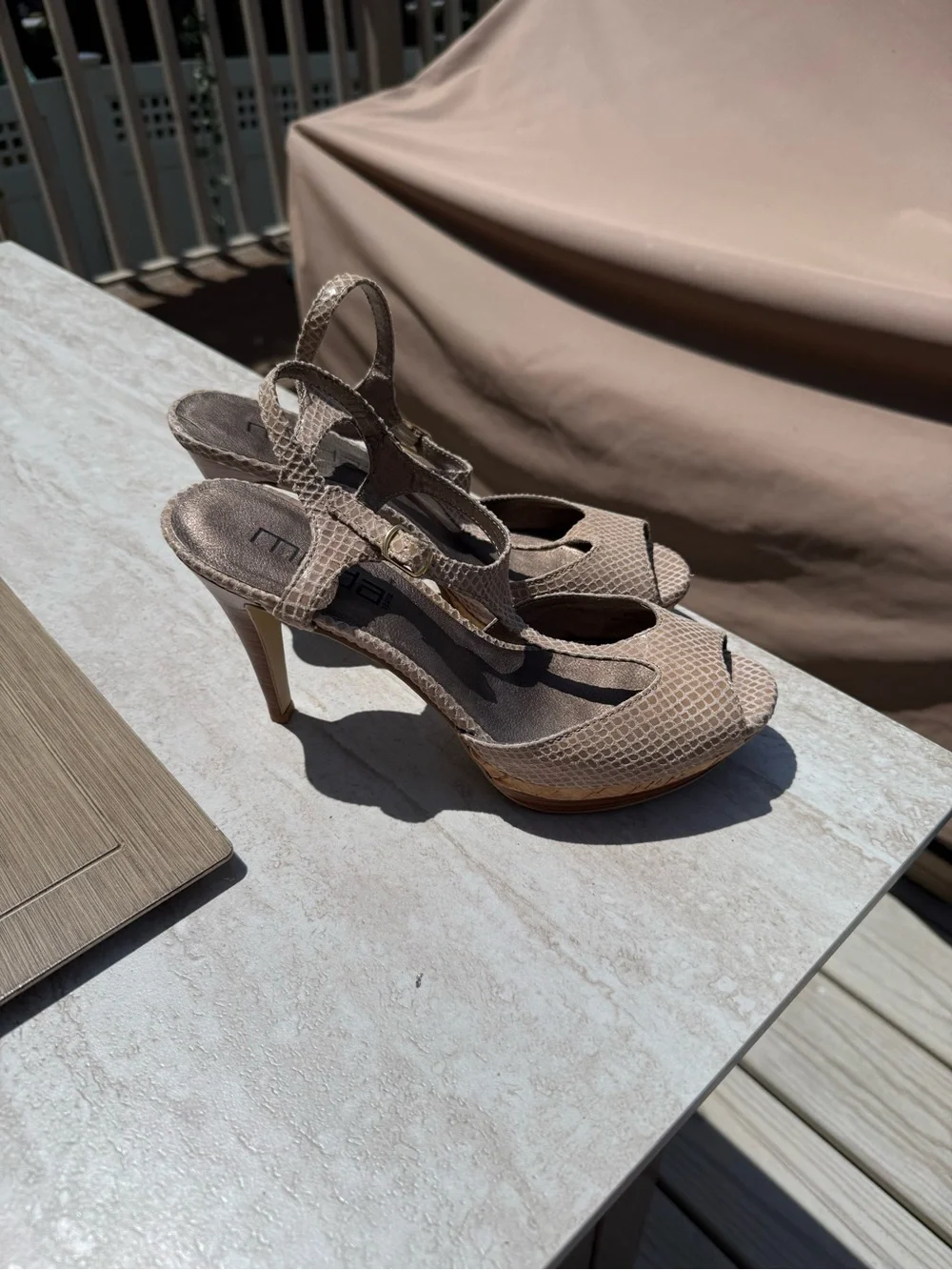 Moda International Beige Snakeskin Peep-Toe Slingback Heels